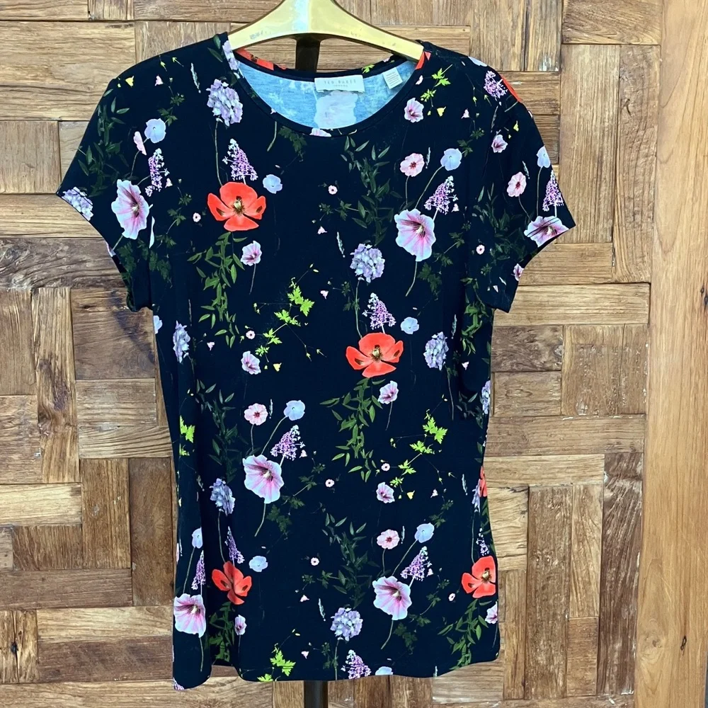Ted Baker London Black Floral Short Sleeve Top - Picture 1 of 4